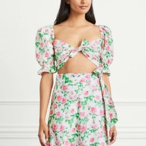 Hill House Size Small White Pink Floral Puff Sleeve Bow Front Cropped Top NWT